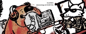 Auf dem Bild sind zwei Wesen dargestellt. Das eine hört Musik, das andere spielt Trompete. Daüber steht "liveOMA - donnerstags ab 20 Uhr".